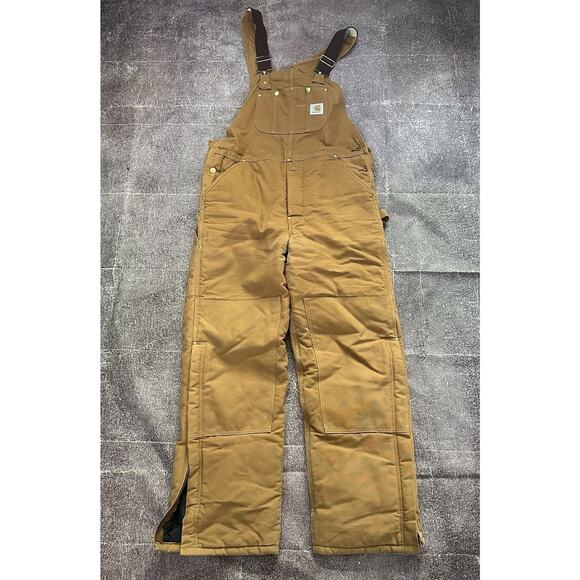Men's Carhartt Quilt Lined Double Knee Front Duck Bib Work Overalls Sz 36 X 32 - Picture 1 of 6